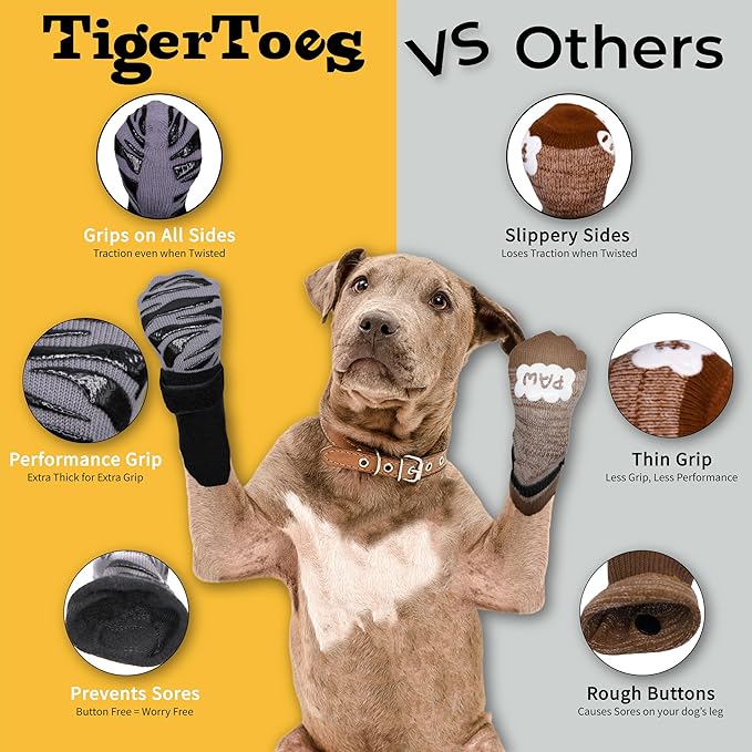 DOK TigerToes Premium Non-Slip Dog Socks for Hardwood Floors - Extra-Thick Grip That Works Even When Twisted - Prevents Licking, Slipping, and Great for Dog Paw Protection (XXS)