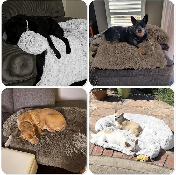GGIB Calming Dog Bed Fluffy Plush Dog Mat for Furniture Protector with Removable Washable Cover for Large Medium Small Dogs and Cats (Extra Extra Large, Camel)