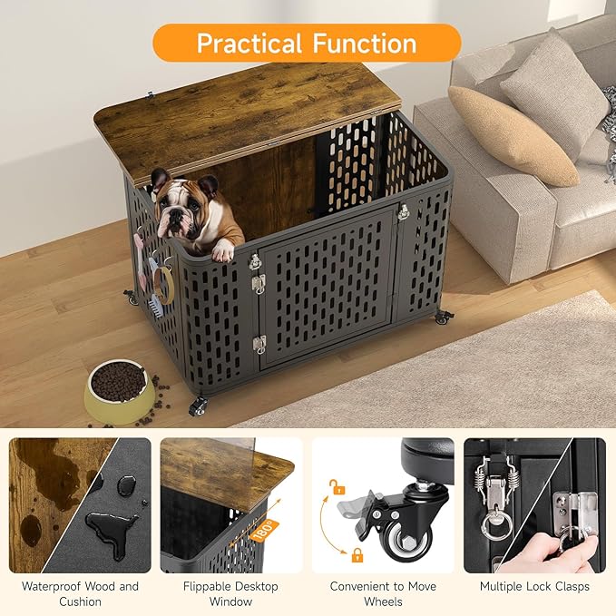 Dog Crate with Cushion, 38" Wood Heavy Duty Dog Crate Furniture with Flip Top & Wheels for High Anxiety Dogs, Escape Proof Pet Cage for Small/Medium Dogs