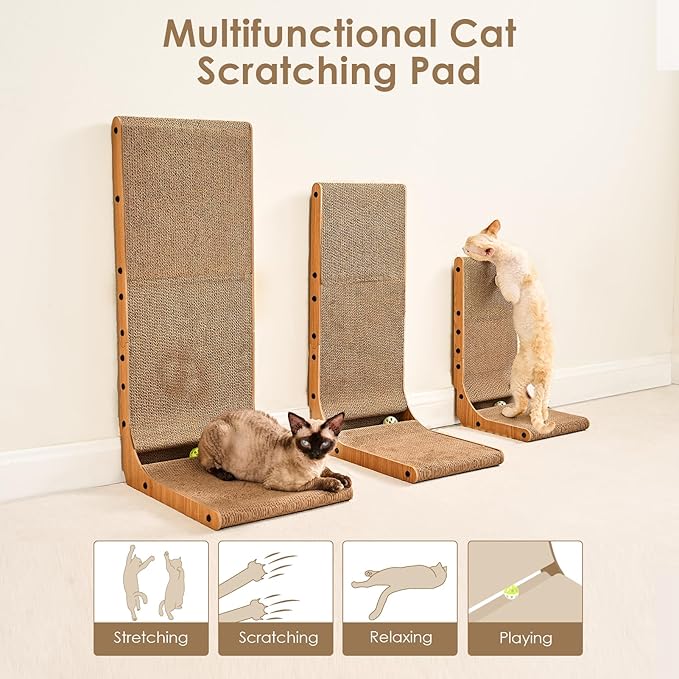 EHEYCIGA Cardboard Cat Scratcher for Indoor Cats, 32 Inch L Shaped Vertical Cat Scratching Board with Ball Cat Toy, Extra Large Cat Scratcher Pad, Brown
