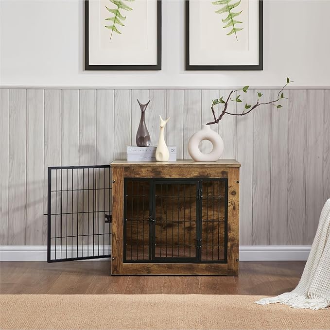 FLEXIMOUNTS Dog Crate Furniture with Cushion, Wooden Dog Kennel Furniture, Heavy Duty Dog Cage, 27" Dog Kennel with Double Doors