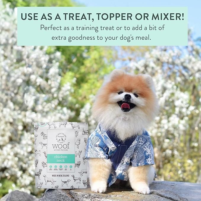 Air Dried WOOF Chicken Neck Treat - Mixer, or Topper - Air Dried, High Protein,Natural, Single Ingredient - 1.76oz
