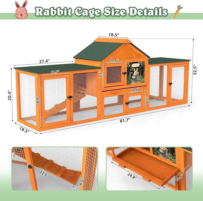 COZIWOW 82” Extra Large Fashion Wooden Outdoor Rabbit Hutch Bunny Cage Indoor Easy to Assemble and Durable with Cleaning Tray & Waterproof Roof for Small & Medium Bunny Rabbit Duck Chick (Orange)