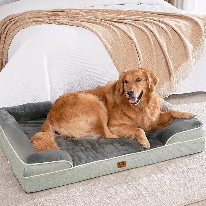 EHEYCIGA Orthopedic Dog Beds for Large Dogs, Waterproof Memory Foam Large Pet Bed with Sides, Non-Slip Bottom and Egg-Crate Foam Dog Couch Bed with Washable Removable Cover, Greyish Green