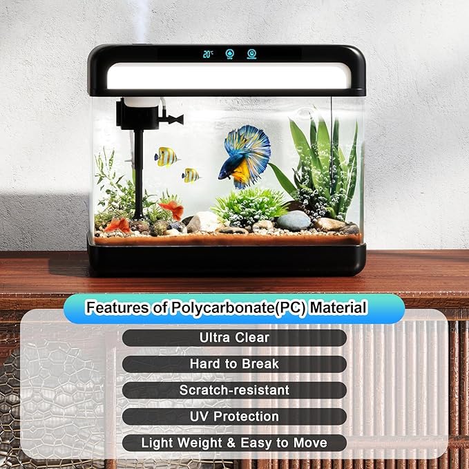 Fish Tank 3 Gallon Smart Aquarium Kits with Silent Water Pump,Self Cleaning System,7 Color Lights,Temperature Display, Aromatherapy, Advanced Filtration for Small Fish Kids Room Desktop Decor
