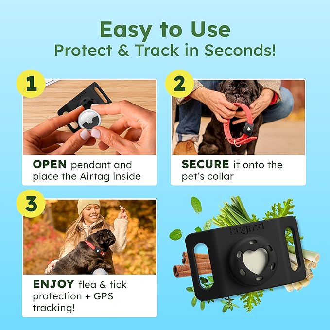 BugMD Paw Guardian Flea and Tick Prevention Pendant for Dogs with AirTag Holder | Plant-Powered Flea & Tick Control for Dog Collars Harnesses | Dog Tag with Air Tag Holder - Black