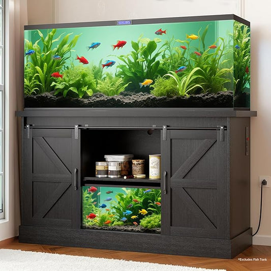 Fish Tank Stand Up to 75 Gallon, Aquarium Stand with Sliding Barn Doors & Power Outlet, Black Farmhouse Style Stand with Cabinet Storage for Fish Tank, Turtle Tank, Reptile Terrarium,1000LBS Capacity