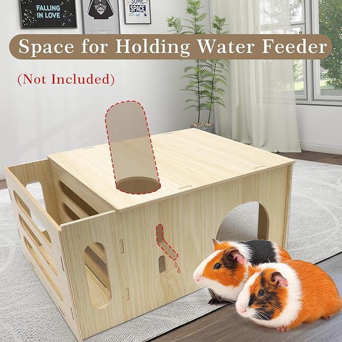 Guinea Pig Hideout Castle with Hay Feeder, Wooden Chinchilla House and Hay Rack, Small Animals Habitats Hut Accessories for Bunny, Rabbit, Hedgehog Playing Hiding, Easy Assembly