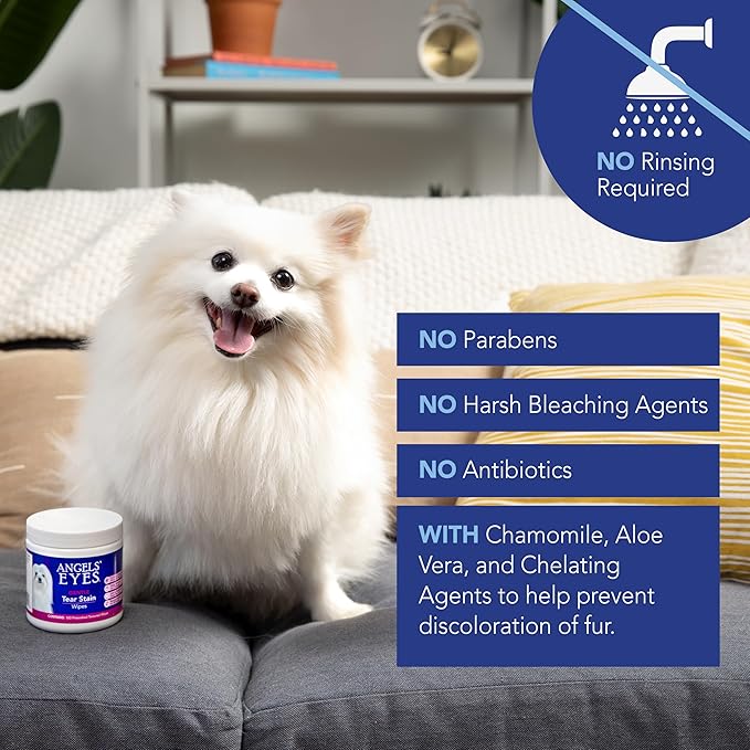 ANGELS' EYES Gentle Tear Stain & Pet Eye Wipes for All Dogs & Cats Textured Grooming Wipes Remove Discharge & Mucus, Reduce Tear Stains, Hypoallergenic with Aloe & Chamomile, 100ct