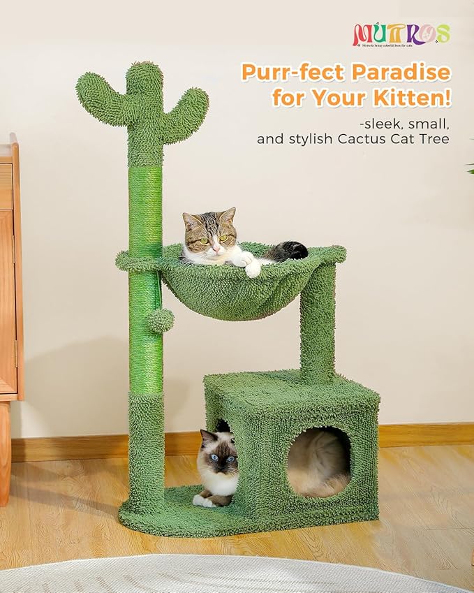 Cactus Cat Tree 40" Cat Tower with Large Metal Carpet Hammock, Cat Scratching Post for Indoor Cats with Condo & Replaceable Toy Ball, Green