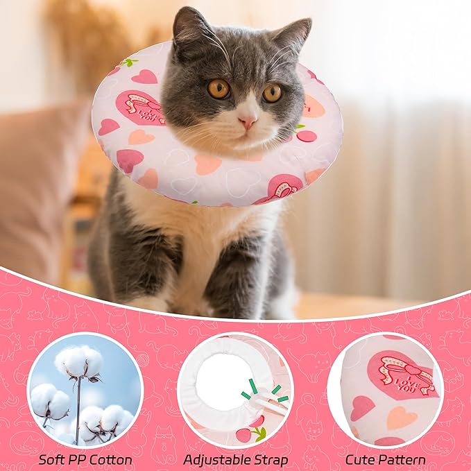 Cat Cone Soft Collar, Adjustable Cat Recovery Collar for Small Medium Large Cats, Cute Donut E Collar After Surgery, Anti-Lick Wound Healing Elizabethan Collar for Kittens (Pink Heart, Large)
