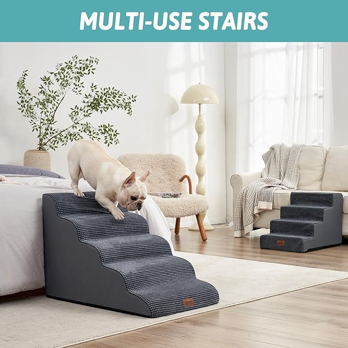 Extra Wide Dog Stairs 19.7" Width, Large Pet Step for Small Medium Dog, Puppy or Cat, Ramp for High Bed or Car, High Density Foam Ladder, Stable, 5 Step, 19.7x33x22.4 in, Dark Grey