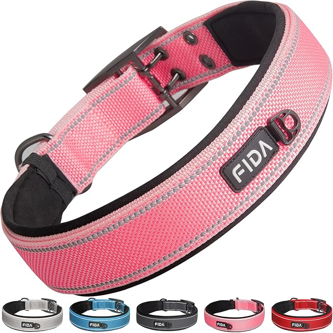 Fida Heavy Duty Dog Collar 1.5” Width, Ultra Soft Neoprene Padded, Adjustable Reflective Nylon Pet Collar with Two Metal Pin Belt Buckle for Large/X-Large Breeds (XL, Pink)