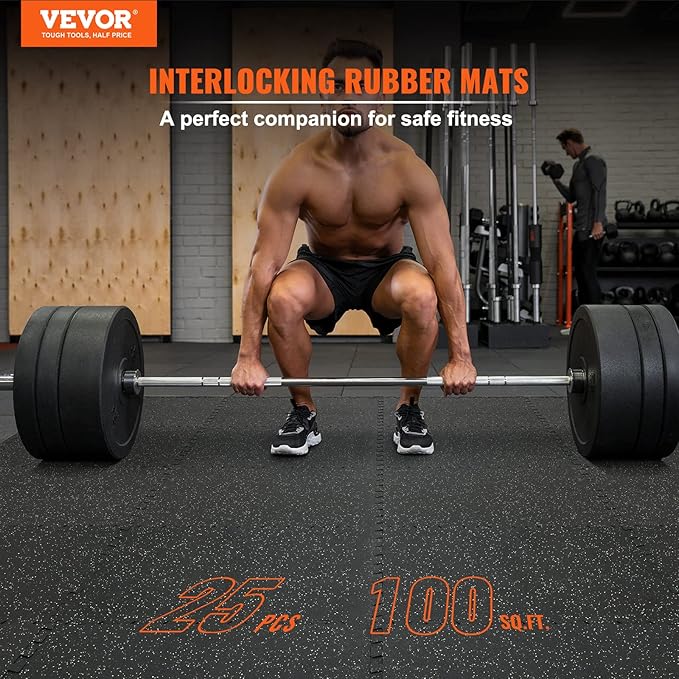 VEVOR 0.56 inch Thick 25 PCS 100 sq.ft Gym Floor Mats, 25" x 25" EVA Foam & Rubber Gym Flooring Workout Floor Mats, Waterproof Exercise Puzzle Flooring for Gym, Home, Garage, Baseme