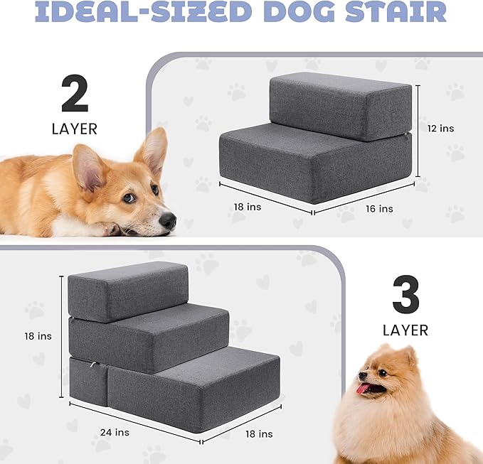 Foldable 18 Inch Wide 3 Step Wide Dog Stairs for Large Dogs, 18 Inch Height Foam Dog Steps for Bed & Couch, Linen Covered Pet Stairs for Dogs to Get on Bed, Outdoor Foam Pet Steps for for Cars & SUV