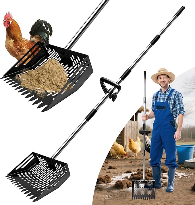 Chicken Poop Scooper - Metal Sifting Shovel & Rake 2-in-1 with Adjustable Stainless Steel Handle (37"-65"), Sand Shovel for Chicken Coops, Farm Animal Waste