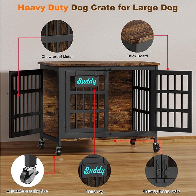 EasyCom 33"/27" Dog Crate Furniture with Name Tag, Heavy Duty Dog Kennel Indoor for Medium and Small Dogs, Double-Doors Sturdy Metal Dog Cage, Decorate House as TV Stand, End Table, Bedside Table
