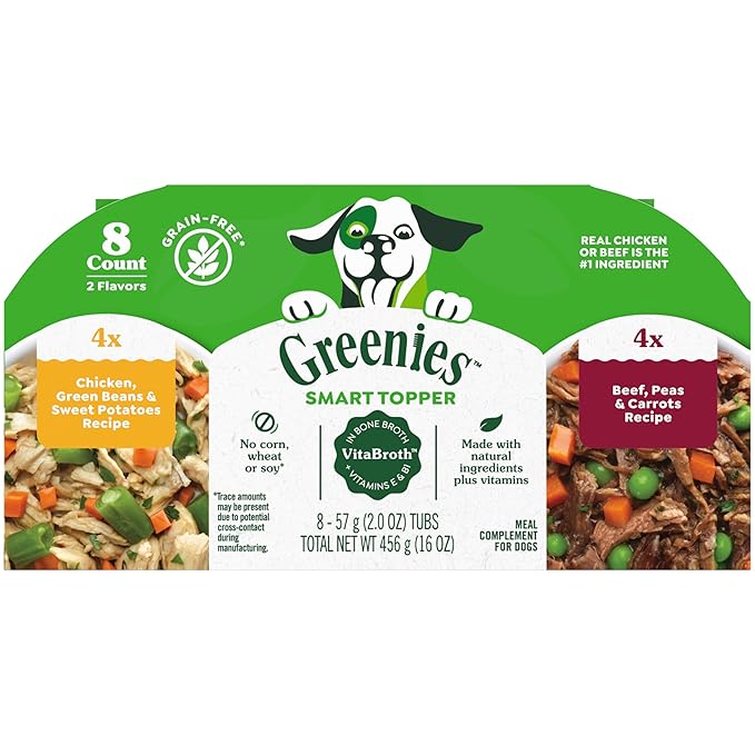 Greenies Smart Topper High Protein Wet Mix-in for Dogs, Chicken, Green Beans, and Sweet Potatoes Recipe & Beef, Peas, and Carrots Recipe Variety Pack, 8 Trays of 2oz.
