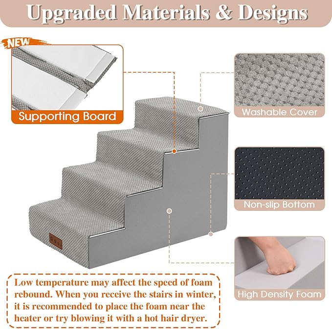 GGIB Non-Slip Pet Stairs for Small Dogs & Cats - 4-Step, Removable Washable Cover, Light Grey, 17" H