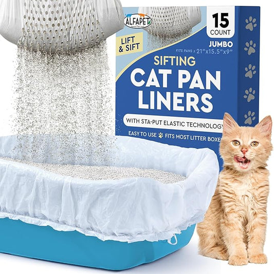 Alfapet Sifting Cat Litter Box Liners - Jumbo 15 Count, Pack of 5 - Tear-Resistant Cat Litter Bags, Waterproof Kitty Litter Liners, Fits Litterbox Pan Sizes X-Large, X-Giant, 37" x 18" 30 lb Capacity
