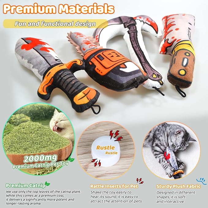 Cat Toys [8000mg Premium Catnip] Cartoon Colorful Style Horror Funny Knife Catnip Cat Toys Durable Rattle Sound Toy for All Cat Breeds Indoor Interactive Kitten Toys Get Bored Cats Active 4 PCS