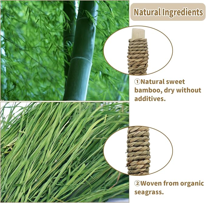 Fhiny 18 PCS Guinea Pig Chew Toys, Natural Seagrass Sweet Bamboo Molar Sticks for Teeth Bunny Chew Toys Cage Accessories for Rabbit Bunny Guinea Pig Chinchilla Hamster