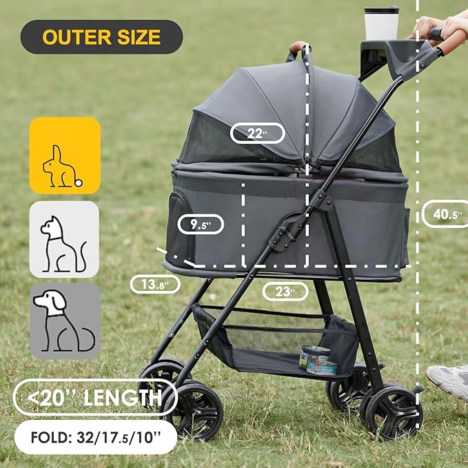 3 in 1 Pet Stroller with Removable Carrier, Folding Stroller for Small/Medium Dogs and Cats, Waterproof, All-Terrain, with Sun Shades, Car Seat