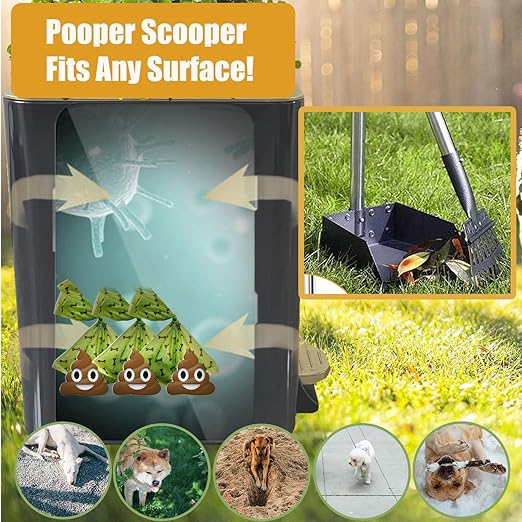 Dog Poop Trash Can Outside Stainless Steel - Metal Pooper Scooper Set - 12L Dog Waste Trash Can Outdoor with Pedal - Backyard, Yard - Removable Inner Bin, Long Handle Tray and Rake - Black and Gold