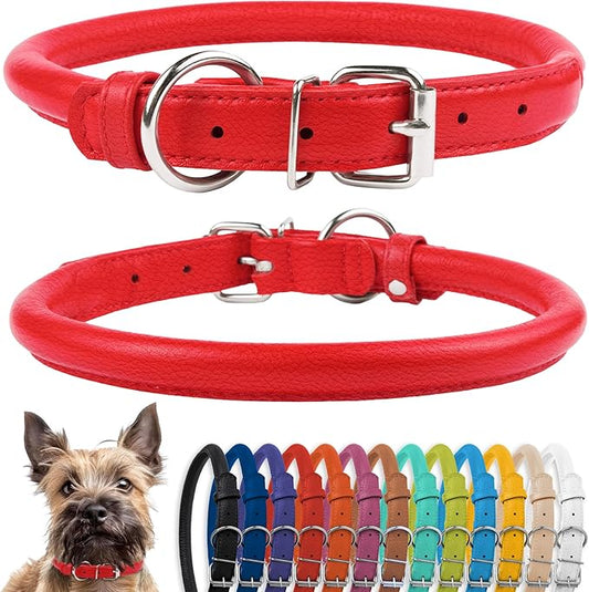 CollarDirect Rolled Leather Dog Collar, Soft Padded Round Puppy Collar, Handmade Genuine Leather Collar Dog Small Large Cat Collars 13 Colors (8-11 Inch, Red Textured)
