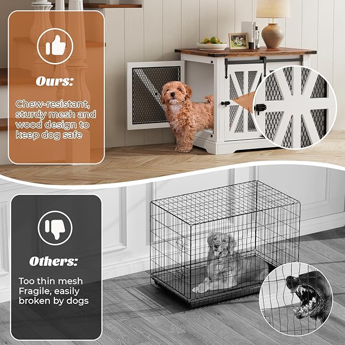VOPEAK 27.5" Small Dog Crate Furniture, Chew Resistant Dog Crate for Puppy Dogs, Heavy Duty Small Dog Crate Dog Kennel Indoor with Double Doors, Wooden End Table for Bedroom Living Room, White