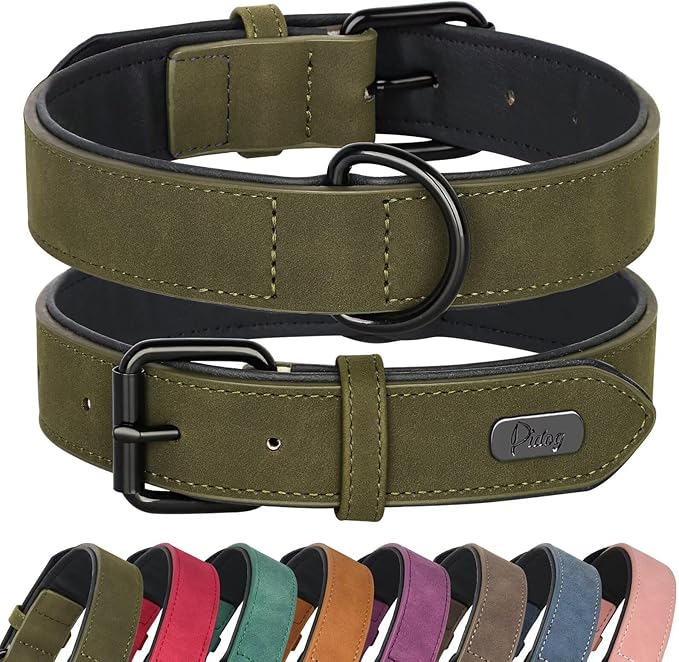 Didog Soft Padded PU Leather Dog Collar, Breathable and Adjustable Dog Collar for Large Dogs, Comfortable for Daily Walk, Dark Green, XL Fit Neck 17-21"(44-71 lbs)