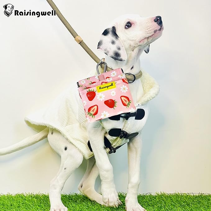 Dog Treat Pouch,Cotton Pocket Sized Training Holder, Hand Free Walking Funny Bag with Carabiner, Self-Closing Pet Feed Snack Reward, Behavior Aids for Puppy Travel or Outdoor Use（Strawberry）