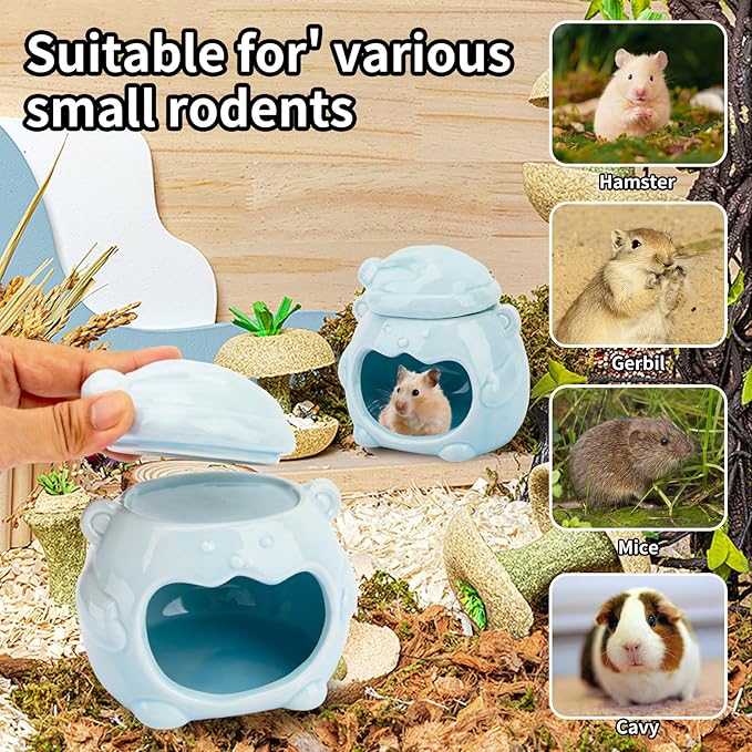 3-in-1 Bear Shaped Ceramic Hamster House - Cool House for Syrian Dwarf Hamsters, Mice, Gerbils， Small Pets, Top for Hamster Food, Removable Lid for Ice Packs, Cute Cool Hideout for Summer（Blue）