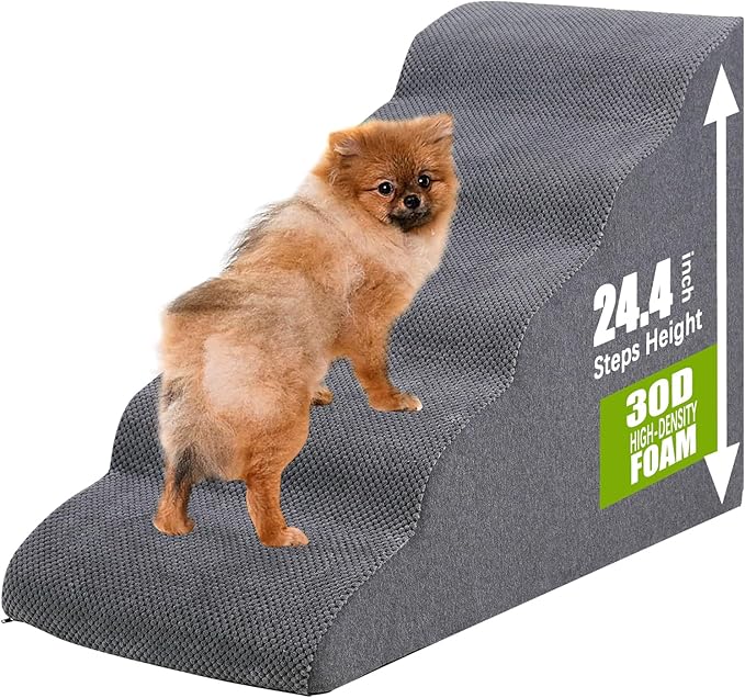 Dog Stairs&Steps for High Beds Up to 28'', 5-Step Dog Ramp for Small Medium Dogs with Washable Cover, Non-Slip Steps for Cats to Get on Couch and Sofa, Durable Foam Ladders, 24.4" Tall, Grey