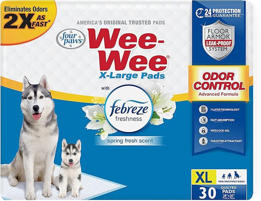 Four Paws Wee-Wee Odor Control with Febreze Freshness Pee Pads for Dogs & Puppies, Leak-Proof Dog Housebreaking Potty Training Floor Protection, Spring Fresh Scent, 28" x 30", 30 Count