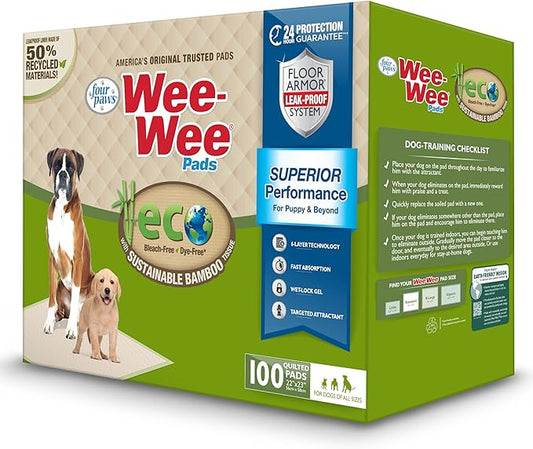 Four Paws Wee-Wee Superior Performance Bamboo Pee Pads for Dogs, Earth Friendly Dog & Puppy Potty Training Pads, Crate Liners, Housebreaking Supplies, 22" x 23" (100 Count)
