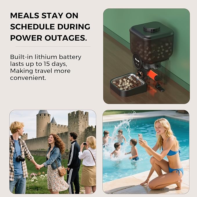 Automatic 6L Cat and Dog Feeder - Pet Feeder with WiFi and Smart Control via App - for Cats and Small Dogs, Auto Timed Food, Stainless Steel Bowl, Dual Powered, 12-Day Battery Life After Power Off