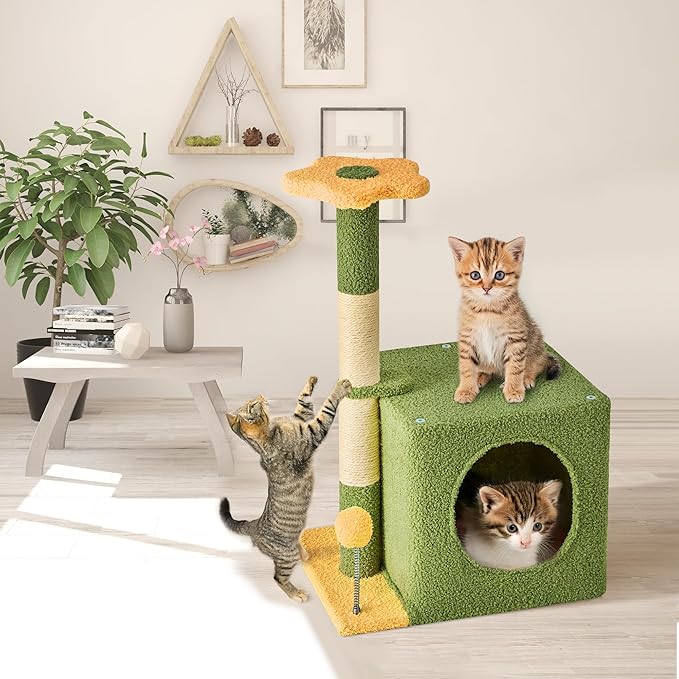 24 Inch Cat Tree Condo for Indoor Cats with Floral Sisal Scratching Post, Plush Hang Ball Play Furniture for Kittens Cats, Yellow