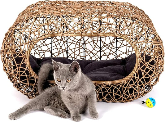 Fun Stackable Cat Condo for Indoor Cats - Interactive Play Faux Rattan Cat House for Indoor Cats Kitty, Pet Friendly Top/Side House Entry, Cat Bed Enclosed
