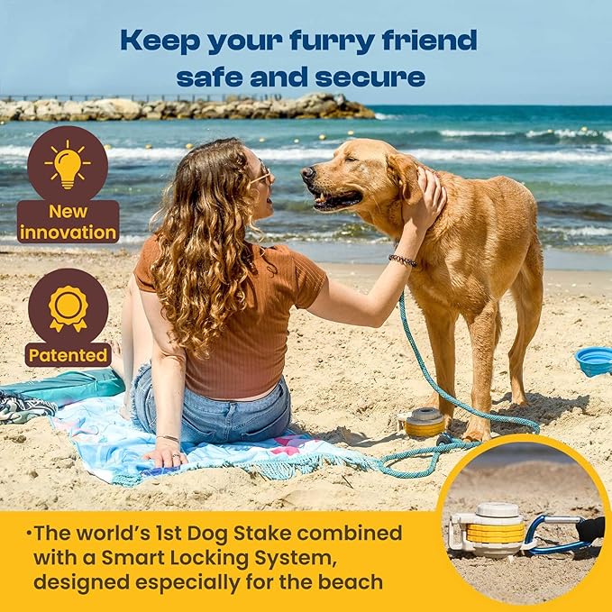 Diggo Dog Stake Beach Anchor - Dog Beach Essentials for All Dog Sizes - Unique 360° Head Rotating Combination Beach Lock System, Heavy Duty Tie Out Stake, Umbrella Sand Anchor, Designed for The Beach