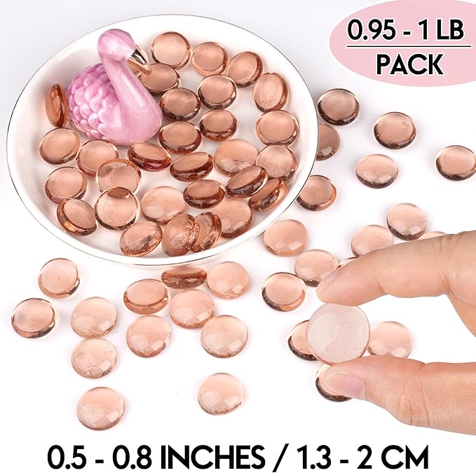Glass Marbles, 0.97 LB Transparent and Smooth Flat Glass Beads for Vases, Mosaic Gem Pebbles for Aquarium Decor, Floral Arrangements, Mancala Stones, Vase Filler and Crafts, Pink