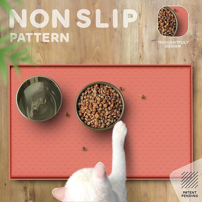 Dog Food Mat - 28x18 Raised Edges Dogs Mat for Food and Water Prevent Spill, Waterproof Cat Food Mats Protect Floors, Easy Clean Dog Bowl Mats for Food and Water, Silicone Pet Feeding Placemats