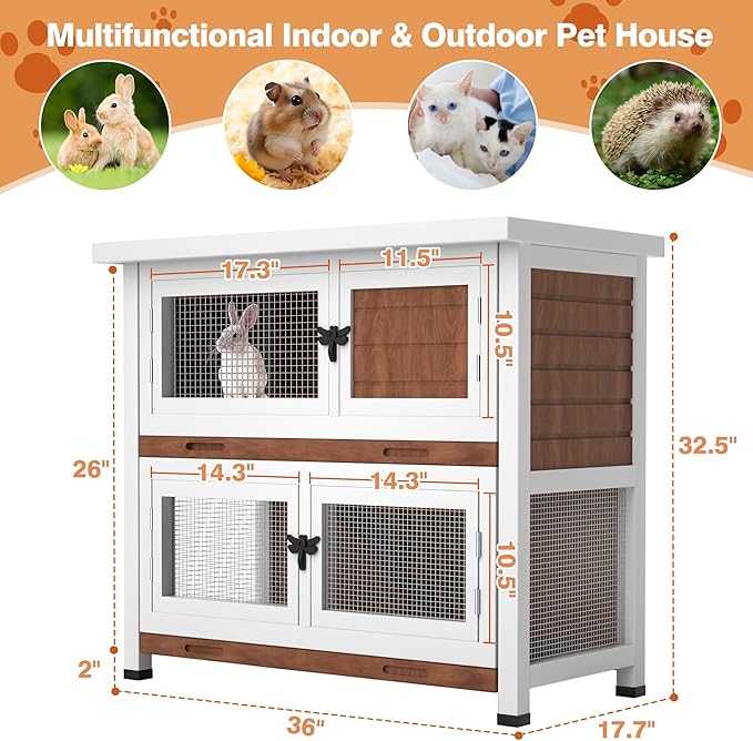 2 Story Rabbit Hutch, Indoor Outdoor Bunny Hutch Solid Wood Rabbit Cage with Removable Trays, Waterproof Asphalt Roofs and Ventilation Door, Small Animal House for Rabbit Guinea Pig Ferret, Walnut