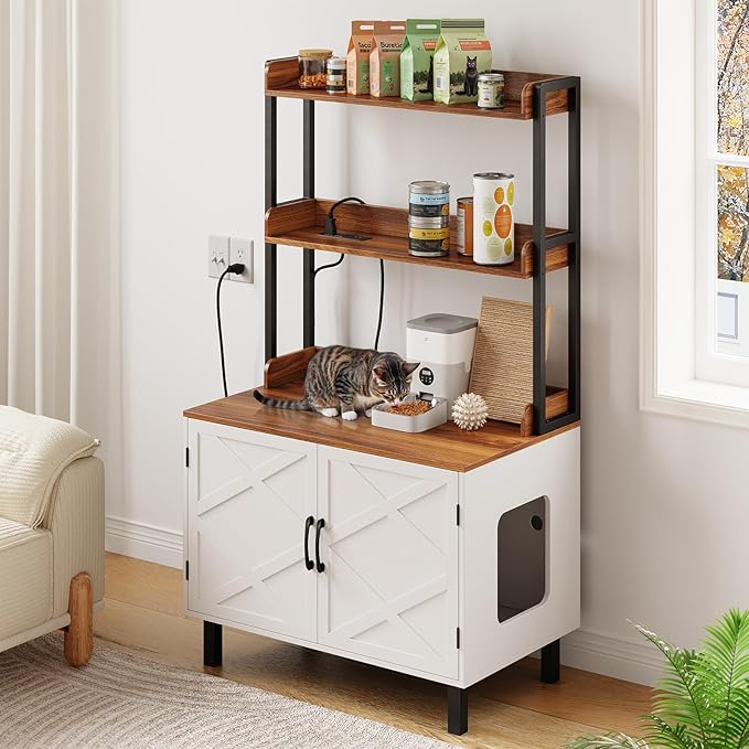 55 Inches Cat Litter Box Enclosure, Hidden Litter Box Furniture with 2 Storage Shelves and Charging Sockets, Wooden Cat House, Large Indoor Cabinet for Living Room & Entryway, White
