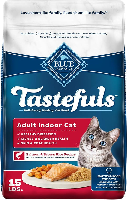 Blue Buffalo Tastefuls Natural Dry Food for Adult Indoor Cats, Salmon & Brown Rice Recipe, 15-lb. Bag
