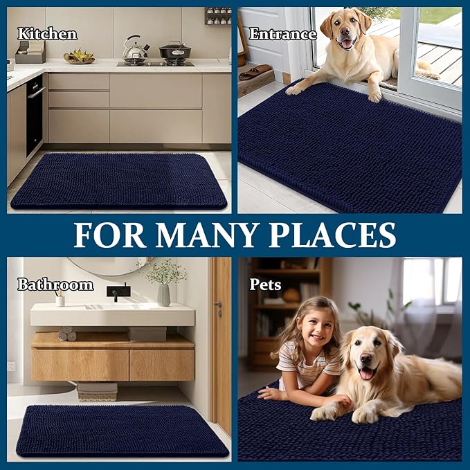 OLANLY Dog Door Mat for Muddy Paws 70x46, Absorbs Moisture and Dirt, Absorbent Non-Slip Washable Doormat, Quick Dry Chenille Mud Mat for Dogs, Entry Indoor Entryway Carpet for Inside Floor, Navy Blue