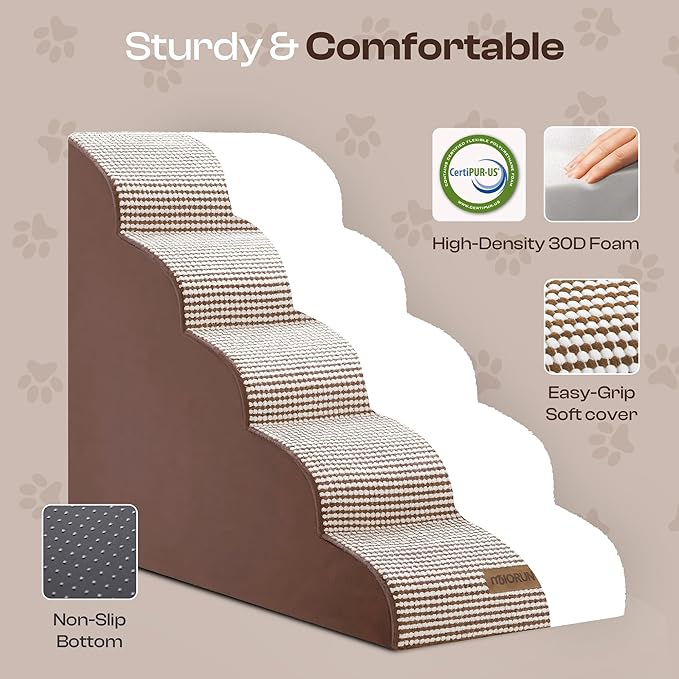 Curved Dog Stairs for High Bed Up to 26", 5-Step Dog Ramp for Small Dogs with Washable Cover, Non-Slip Steps for Cats to Get on Couch and Sofa, Durable Foam Ladder for Medium Breeds, White Coffee