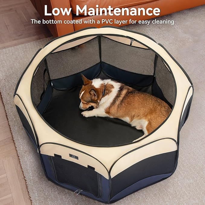 A 4 Pet Portable Dog Playpen, 49” Playpen for Dogs with Bowl, Suitable for Puppies, Kittens, and Small Animals, Removable Zipper & Mesh Panel(19”W × 12”H)