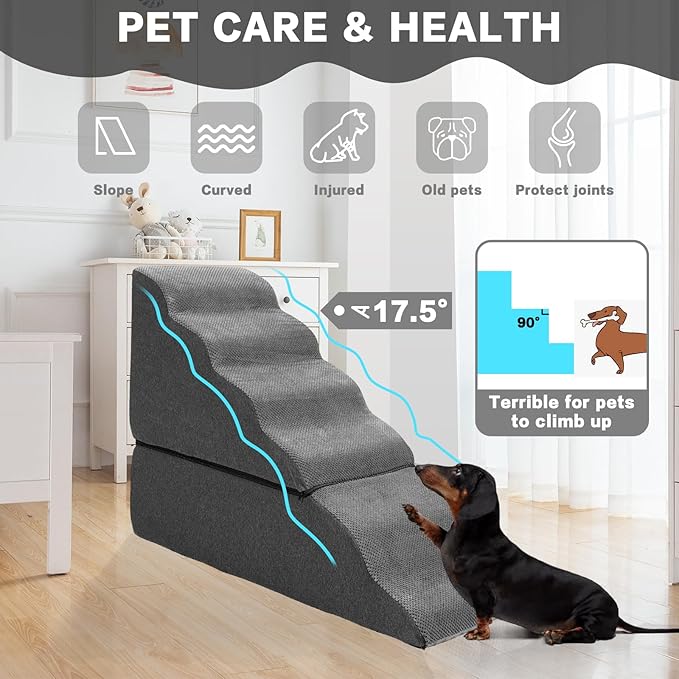 Dog Steps for High Beds 30-32" H - 6-Step Dog Stairs for Small Dogs, 33D Foam Pet Steps for High Bed with Non-Slip Bottom and Washable Cover, Dogs Ramp for Bed Indoor, Dark Grey