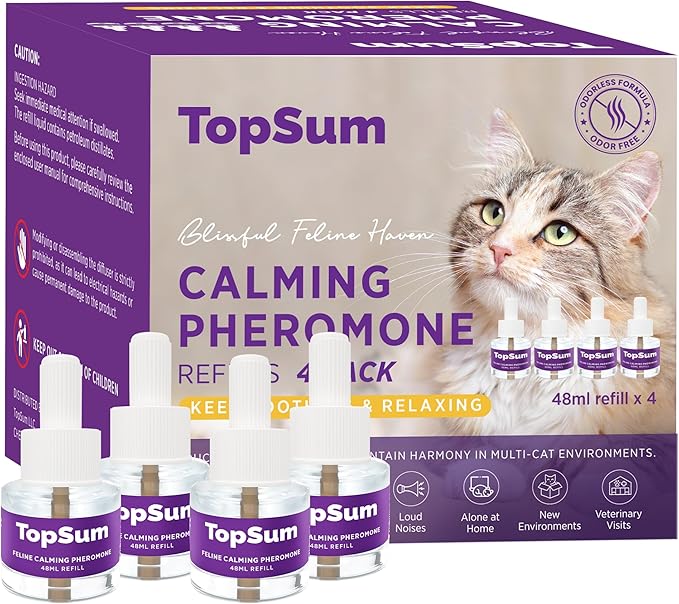 Cat Calming Diffuser Refills: Pheromone Refill for Cats, Long-Lasting 4-Month Supply, Compatible with Most Diffusers, 4 Pack (Light Purple)